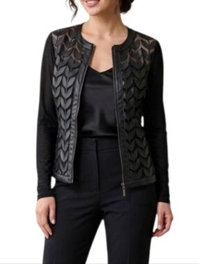 Carmin Black Leaf-Panel Faux Leather Zip Jacket Size Large